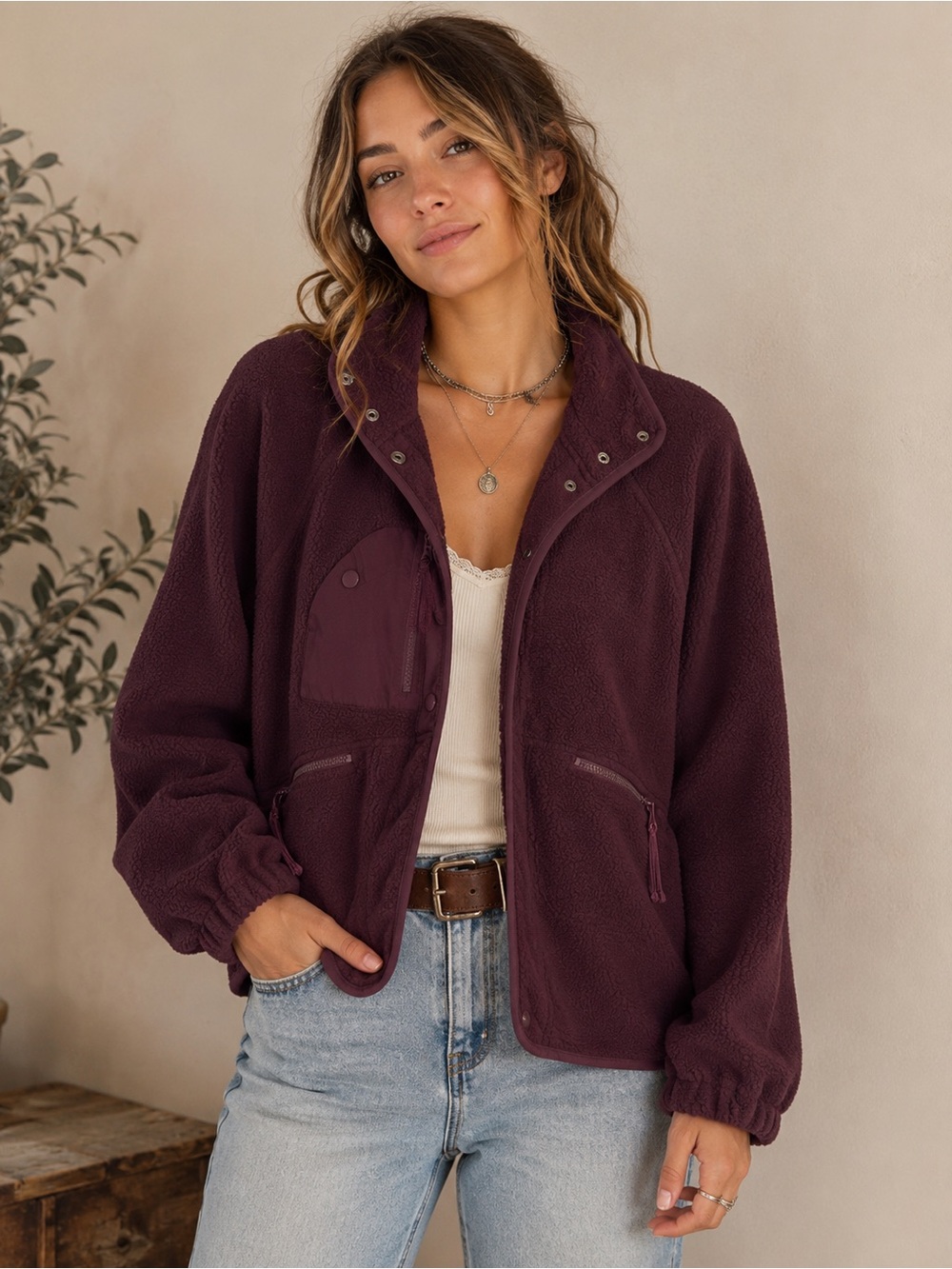 ZENANA Burgundy Wine Sherpa Fleece Utility Jacket Women’s Large Zip Pockets New